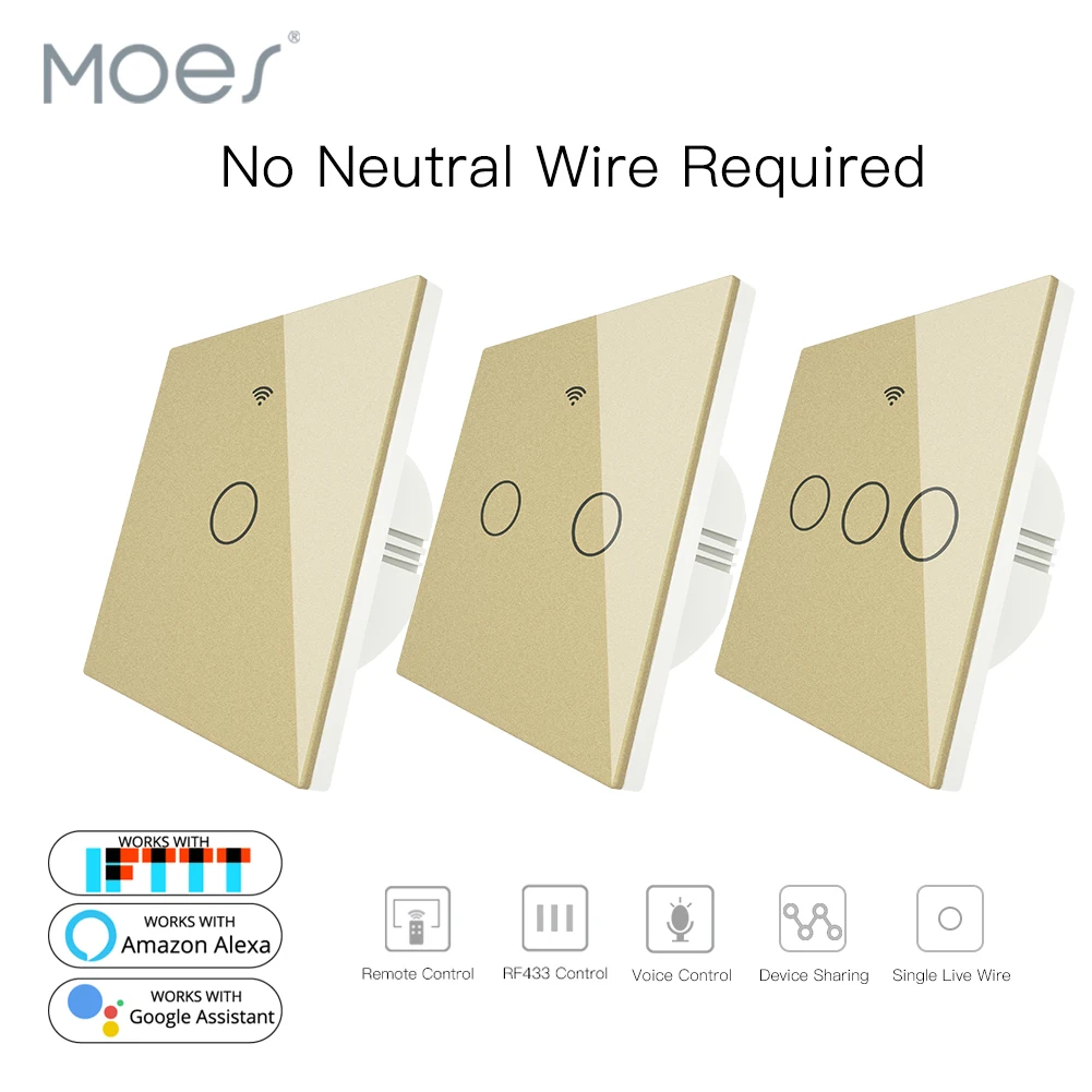 

Gold WiFi Smart Wall Switch No Neutral Wire Needed Wireless Smart Life Tuya Remote Control Single Fire Work With Alexa RF433