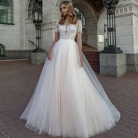 princess short sleeves a line bridal dresses illusion button back floor length vintage tulle with applique sweep train vestidos