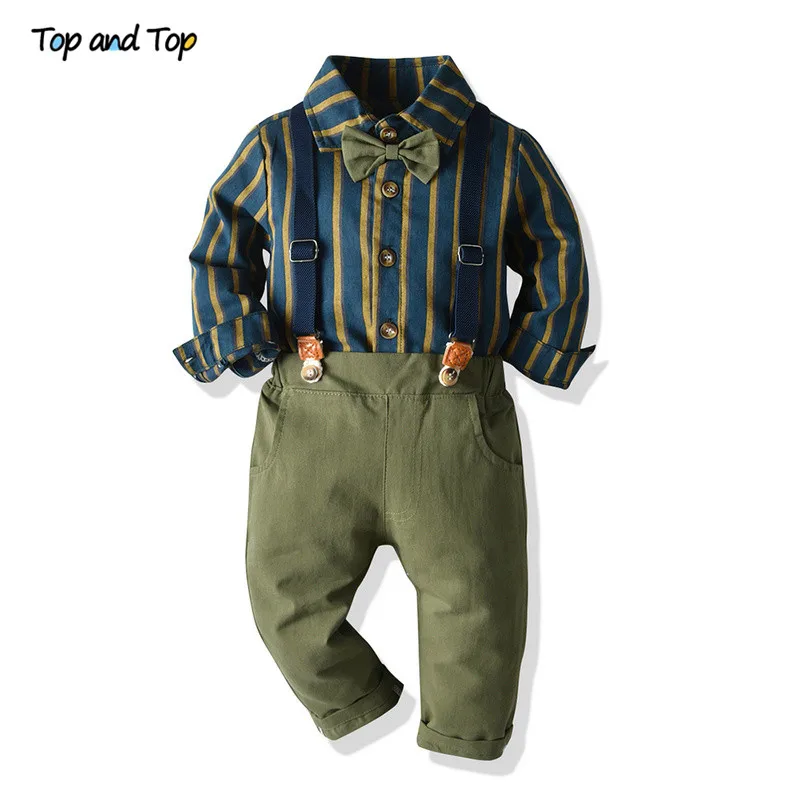 Conjunto de ropa de otoño para niños, camisa de manga larga a rayas con pajarita, Tops y pantalones con tirantes, traje Formal para bebés