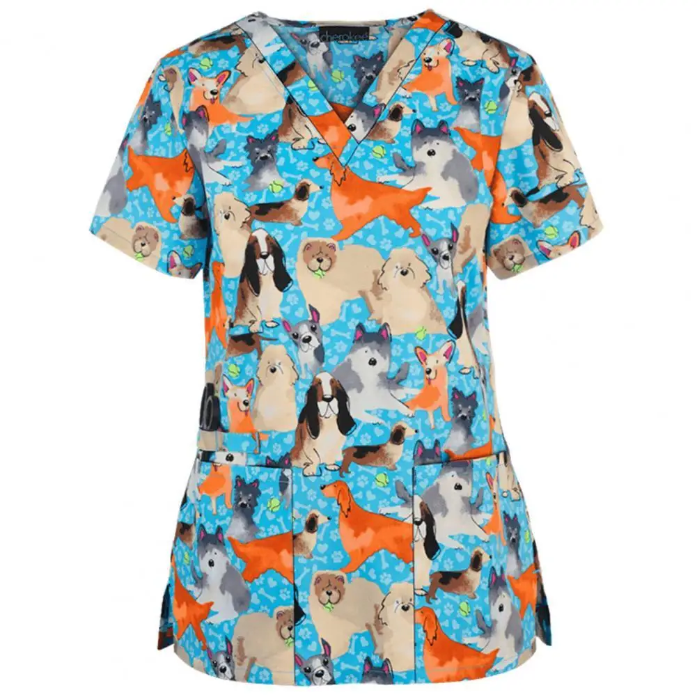 

V-Neck Scrubs Tops Pet Beauty Salon Uniform Nursing Shirt Print Scrub Tops 100%Cotton Pharmacy Work Wear Clothes