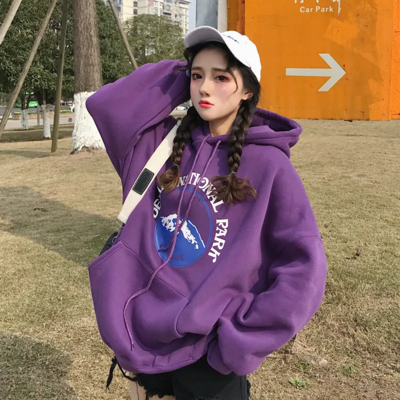 

Harajuku Fashion Snow Mountain Letter Print Women Hoodies Long Sleeve Loose Hooded Pullovers Plus Velvet Thick Women Sweatshirt