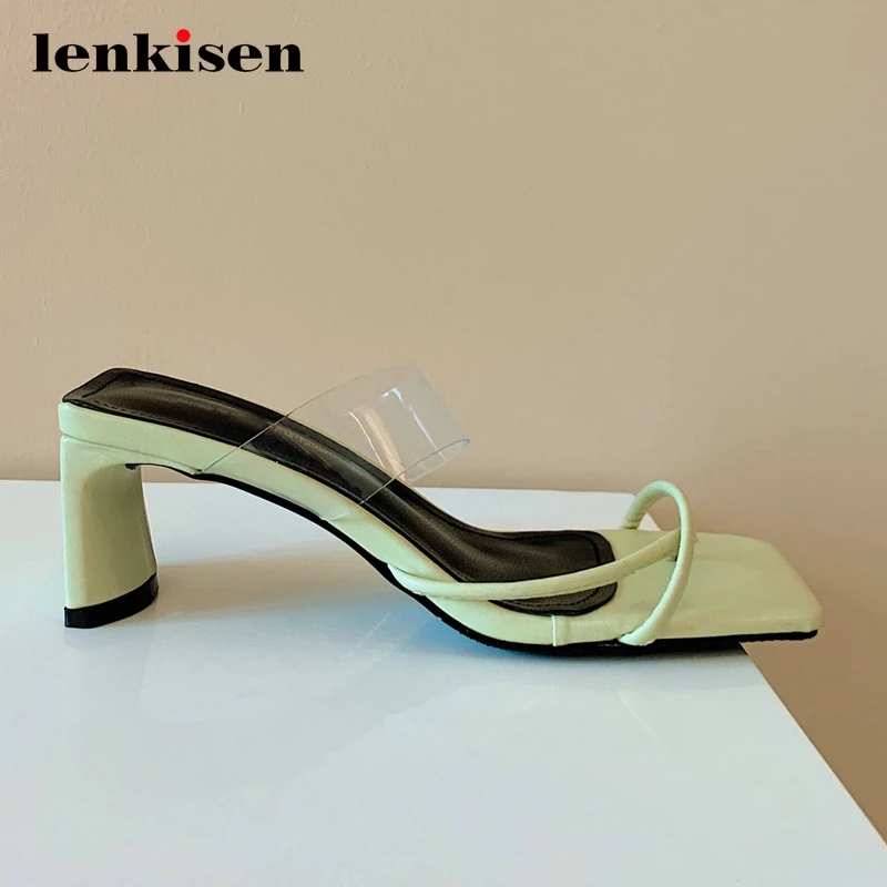 

Lenkisen high fashion big square toe high strange heel flip flop narrow band transparent slip on mules beauty lady sandals L50