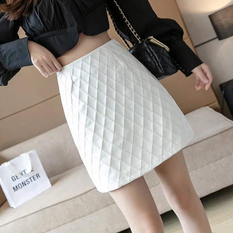 

Skirt Women Autumn Winter New Crocodile Pattern Rhombus A-Line Short Skirt High-Waist Leather Skirt Thinner Hip Skirt Female