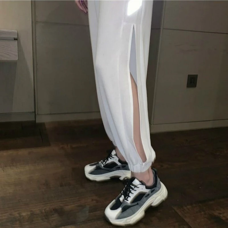 

Casual Pants Women Harem Reflective Side-slit Ankle-length Parties All-match Loose 4XL Leisure Fashion Ins Lace-up Summer Chic