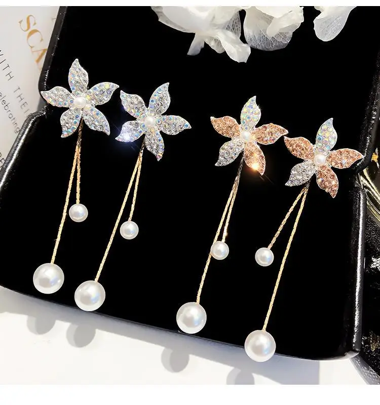 

Creative temperament personality wild long section flowers inlaid rhinestone pearl earrings female prom party gift