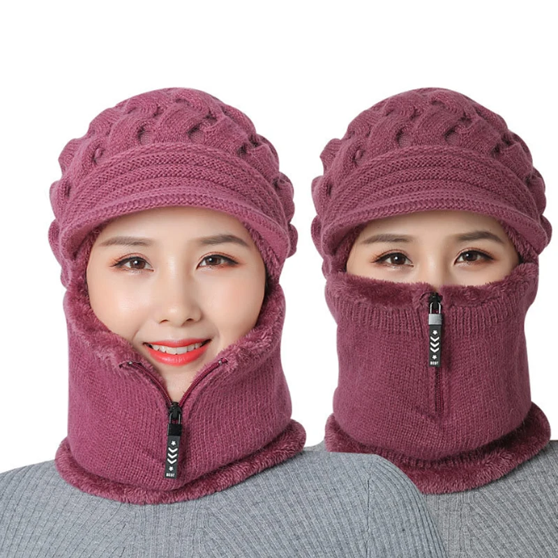 

Female Warm Beanie Hat Riding Ski Caps Winter Women Knitted Hat Bib Siamese Hairball Pompom Fashion Wool Thicken Hat Zipper Hat