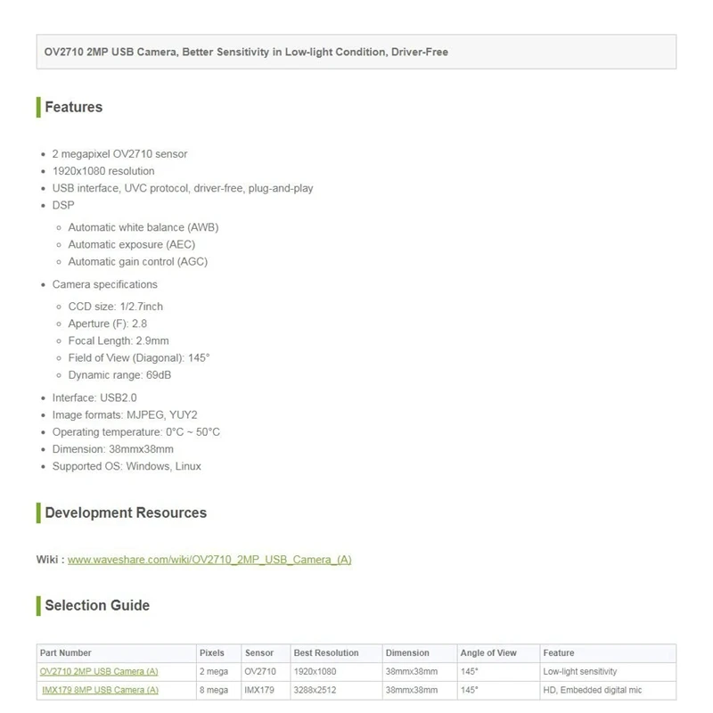 

Waveshare OV2710 2MP USB Camera, Better Sensitivity in Low-Light Condition, Driver-Free 1920X1080 Resolution UVC Protocol
