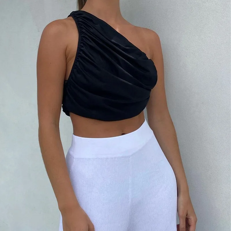 

One Shoulder Crop Top Women Sexy Sleeveless Ruched Tank Top Summer White Black Blue Orange Plain Short Tanks Camis