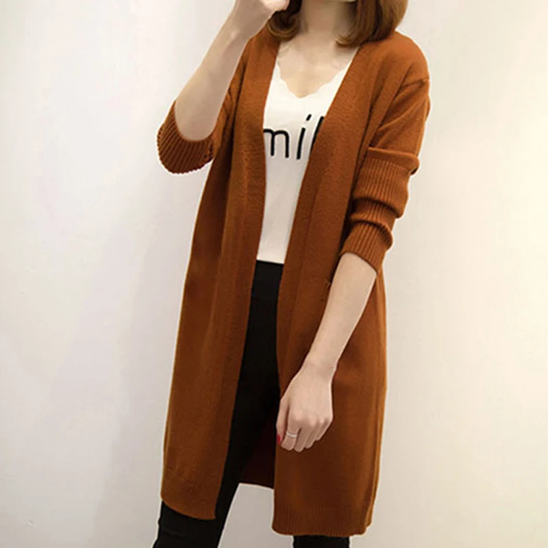 

Корейский Тонкий Свободный вязаный свитер, верхняя одежда, пальто для женщин, весна-осень, свитер 2020, повседневный однотонный длинный карди...