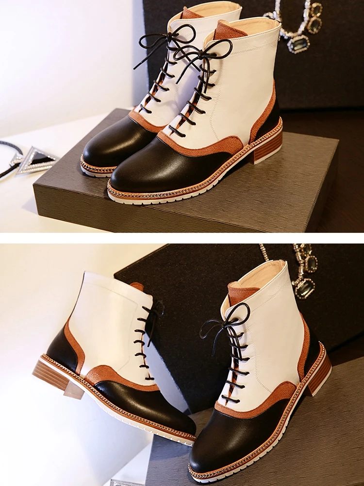 

British Style Patchwork Long Boots Round Toe Low Heel Lace Up Casual Ladies Ride Boots Genuiine Leather Spring Winter Boots