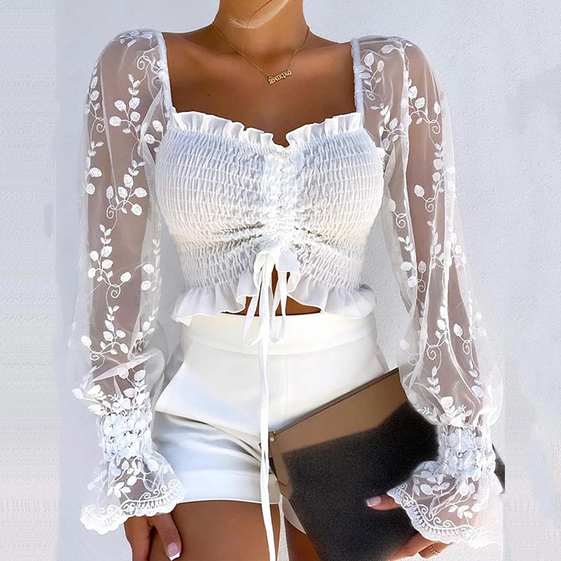 

Ladies elegant shirt top, drawstring knit, pleated pullover, casual long sleeves, ladies lace shirt