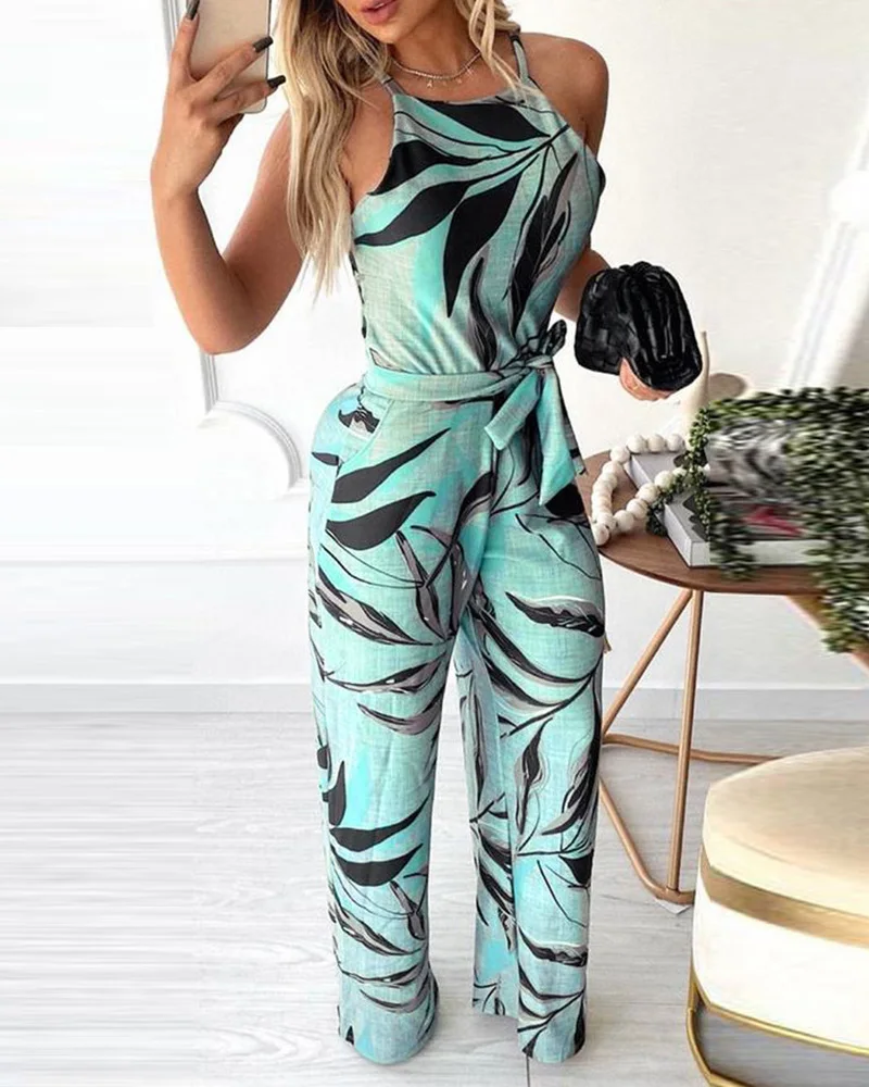 

Loose Wide Leg Jumpsuits Ladies Casual Sleeveless Bandage Pocket Printing Suspenders Jumpsuit
