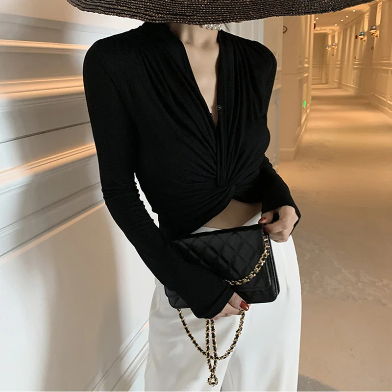 

French Chic Knot Women Sweater Pullovers Deep V-Neck Knitted Crop Tops Retro Jumpers Skinny Slim Holiday Casual Spring Autumn