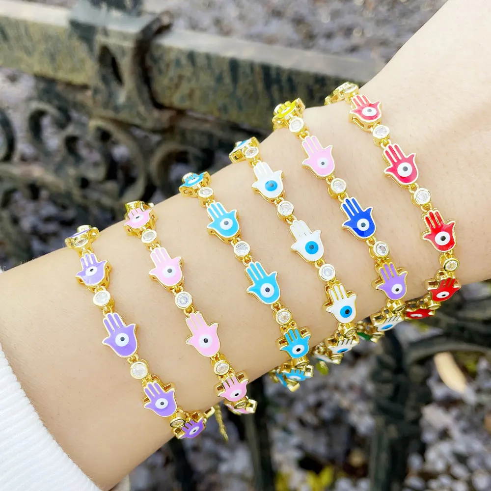 

FLOLA Chain Eye Fatima Hand Bracelet Copper Zircon Enamel Colorful Bracelets for Women Gold Plated Fashion Jewelry brtf13