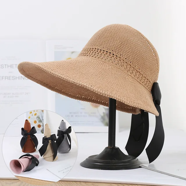 New Fashion Lady Summer Foldable Wide Brim Straw Hats Sun Visors for Women Bow Beach Hat UV Protection 4