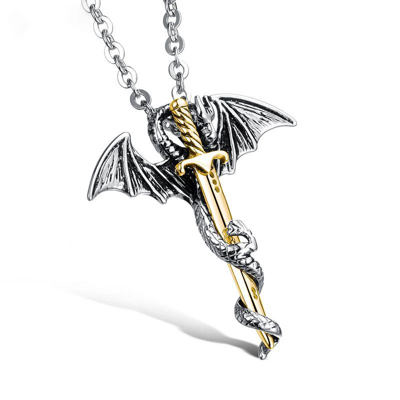 

Stainless Steel Man Necklace Creative Flying Dragon Sword Domineering Color Golden Men's Pendant Gifts 550mm Jewelry 2021 Trend