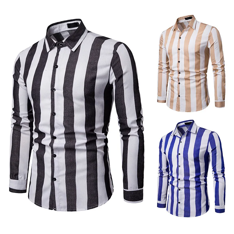 

2021 new long-sleeved shirt double collar casual shirt European version men's business spring and autumn striped casual long-sle