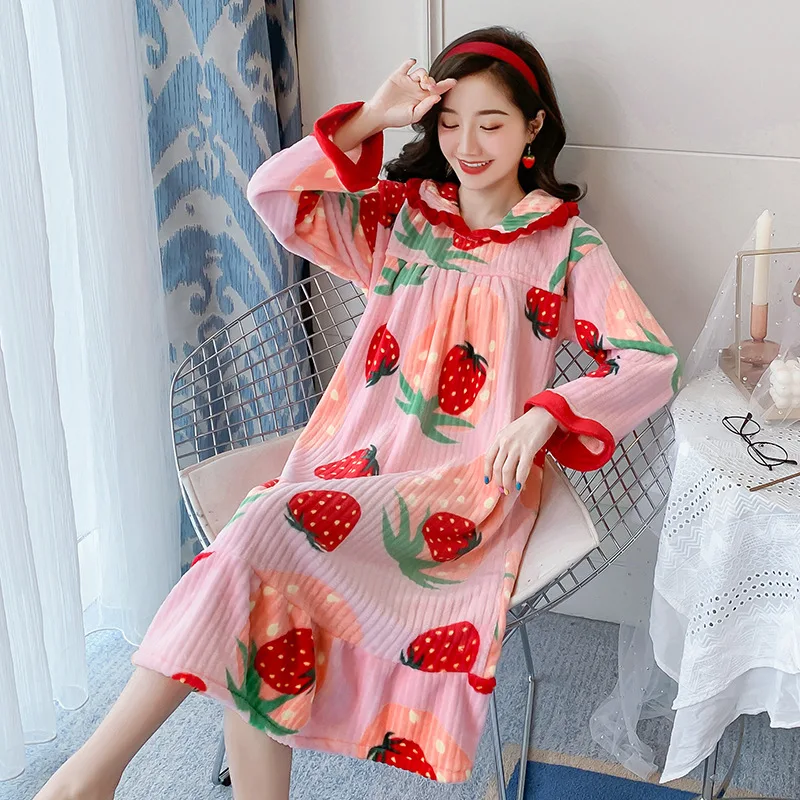

Flannel Princess Nightdress Women Nightwear Winter Thicken Warm Loose Home Service Cartoon Robe Nighty For Ladies Sleepwear