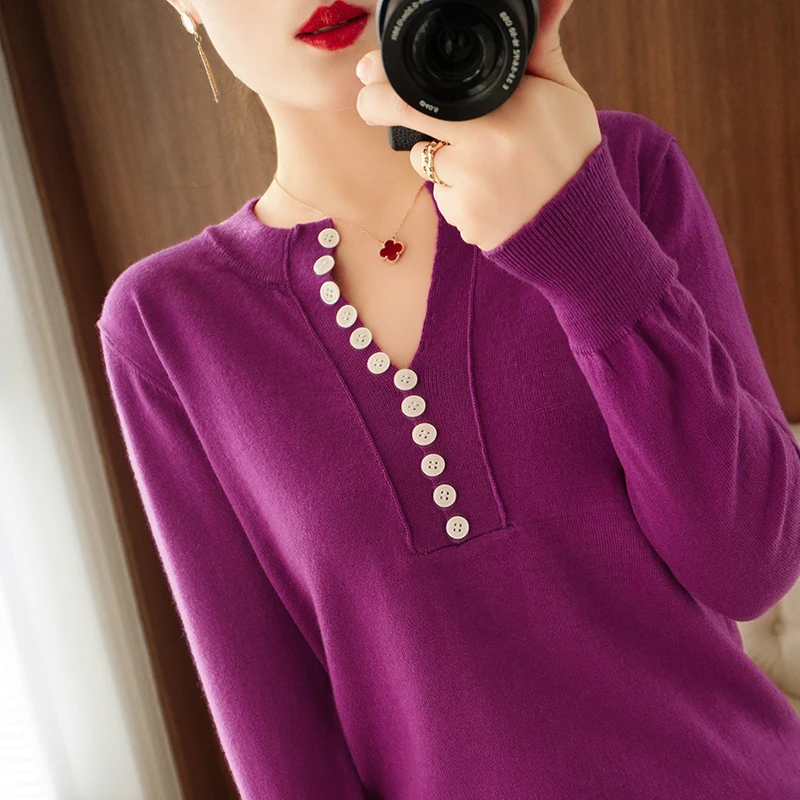 

Lafarvie Wool Blends Women Sweater Pullover V Neck Long Sleeve Button Casual Fshion Solid Color Purple Knit Jumper Loose Tops