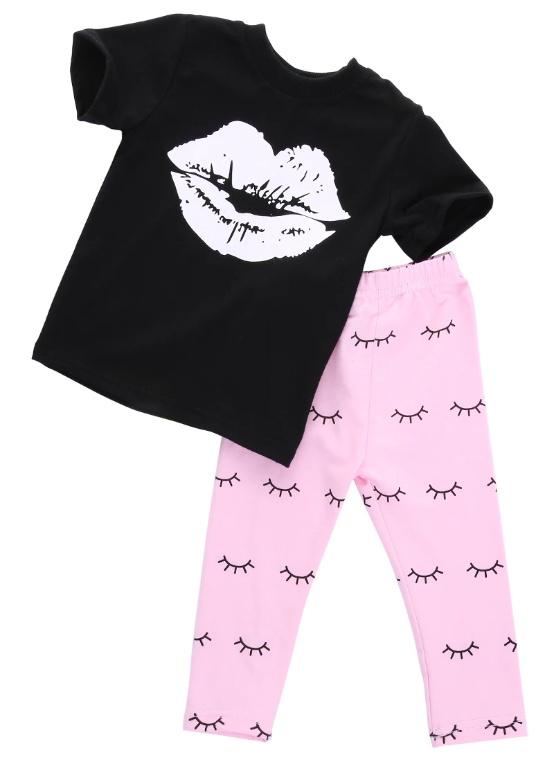 

Newborn Kids Baby Girls Clothes Set Big Lip Black T-shirt +Pink Eyelash Pant Outfits Clothes 2pcs Set