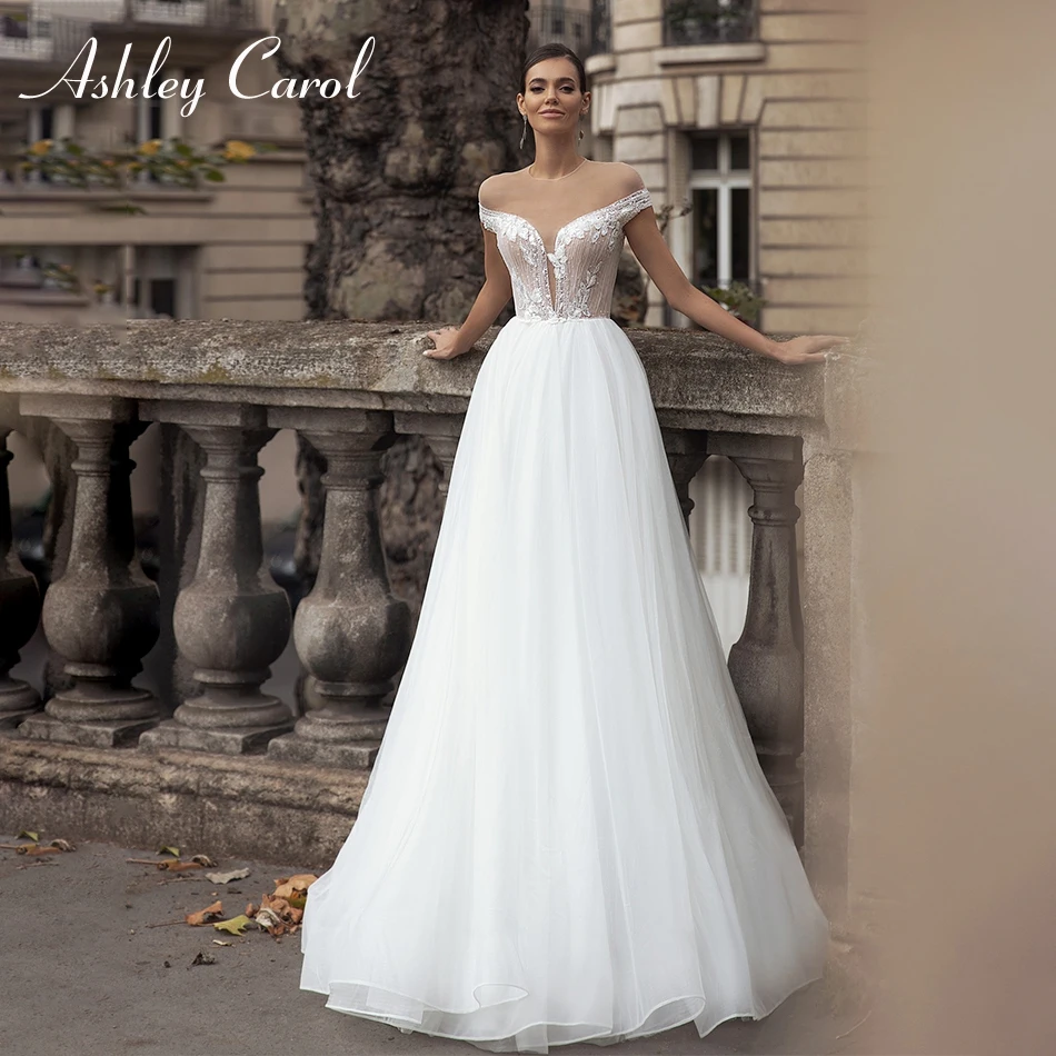 

Женское свадебное платье-трапеция Ashley Carol, свадебное платье с бисером, свадебное аппликация с открытыми плечами, свадебное платье 2024