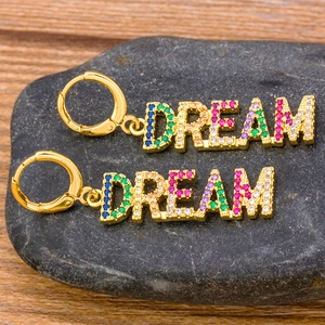 AIBEF Fashion Classic Letter Dream Gold Color Drop Earrings Copper CZ Rainbow Rhinestone Women Girls Party Wedding Gift Jewelry