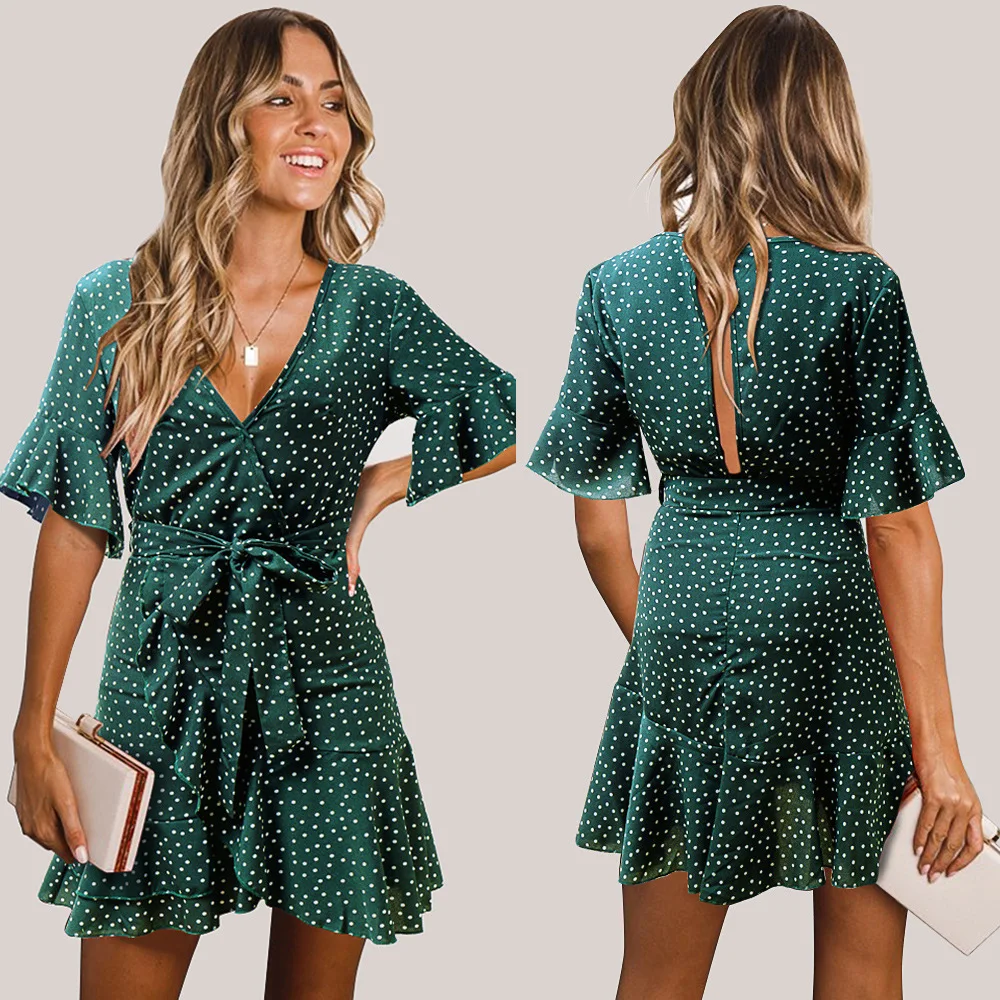 

Women Summer Solid Polka Dot Print V-Neck Dress Flared Sleeve Fashion Strap Bow Bandage Ruffle Above Knee Sexy Mini Dress