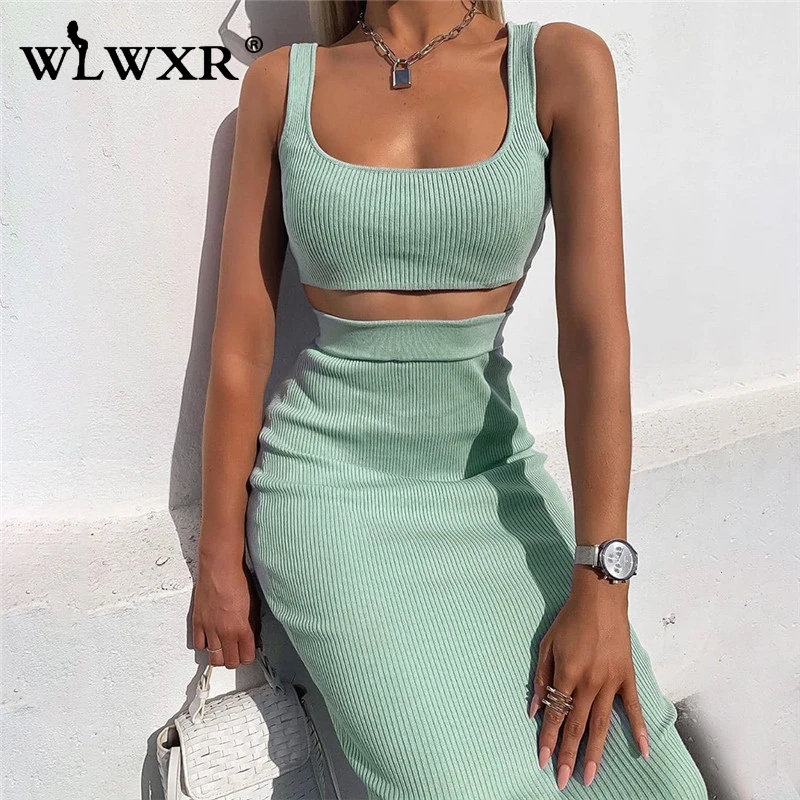 FQLWL из двух частей ребристый трикотажный летний Макси женский сарафан 2019