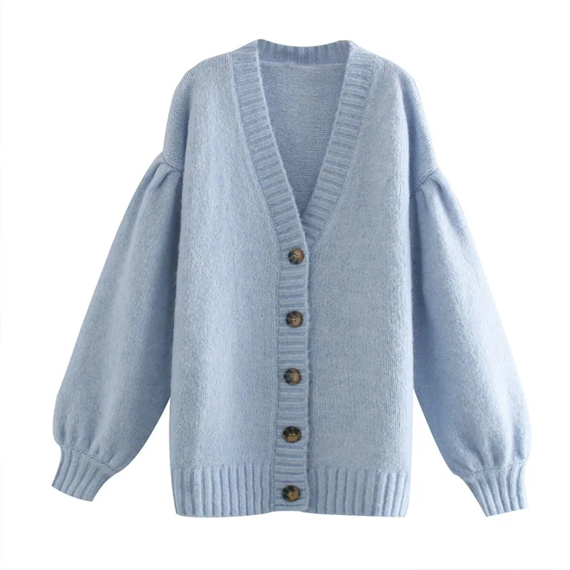 

OLOMM Elegant Cardigan Sweater Women Winter New V-Neck Loose Puff Sleeve Stretch Sweaters Fashion All-match Single Button Tops
