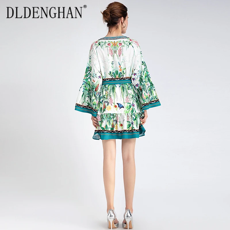 

DLDENGHAN Fashion Diamonds Beading Loose Dress Women's Lace Up O-Neck Flare Sleeve Dresses Designer Autumn New