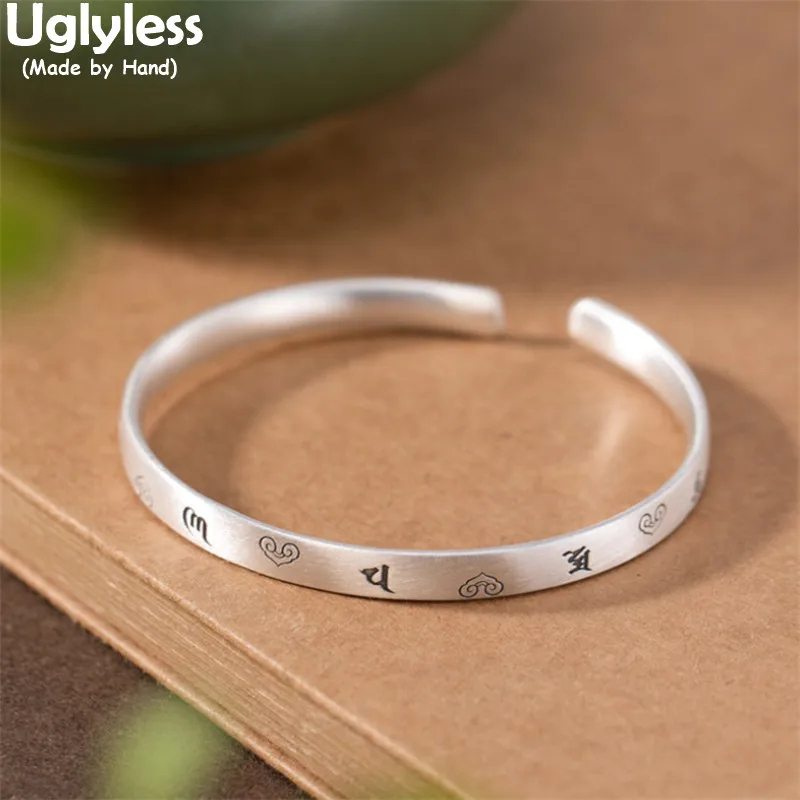 

Uglyless New Popular Flat Bangles for Women Solid 999 Full Silver Open Bangles Thai Silver Heart Patterns Buddhism 6-Word Mantra