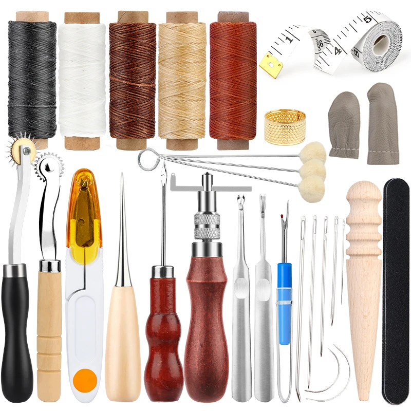 LMDZ Leather Craft Tool Kit With Hand Sewing Stitching Awls Scribing Wheel Leather Edge Polisher Groovers Leather Wax Thread