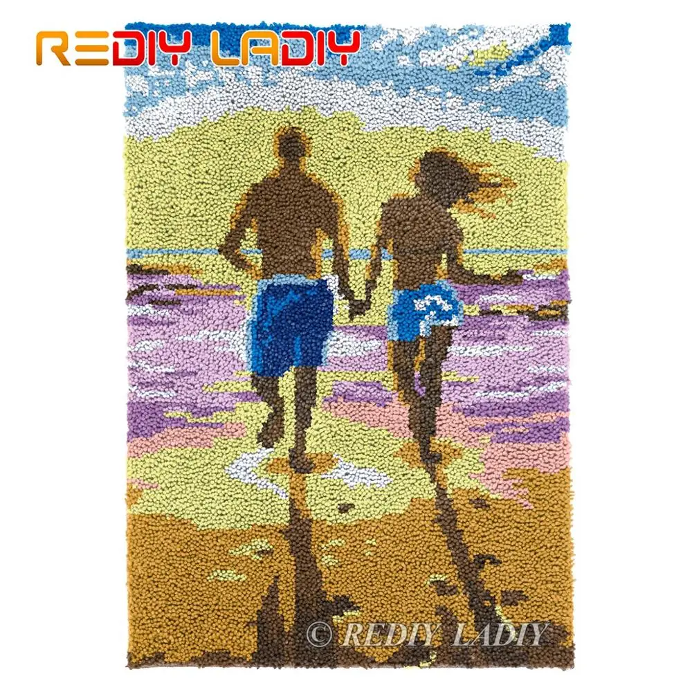 

Latch Hook Kits Running on Beach DIY Carpet Rug Lush Tapestry Kits Chunky Yarn Knitted Floor Mat Crochet Cushion Crafts 57*87cm