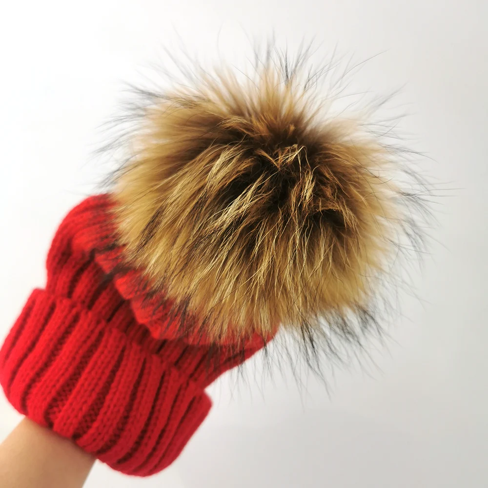 Winter Beanie Hat Knitting Detachable Pom Pom Real Raccoon Fur Ball Top Custom Designer Beanies Caps