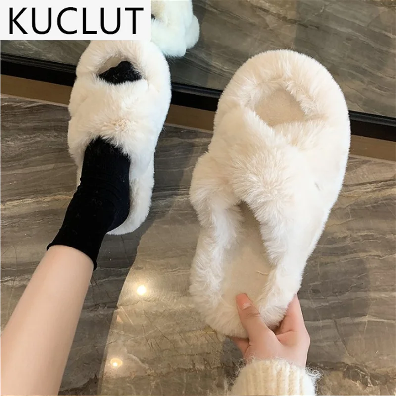 

2021 New Women's Winter Plush Home Slippers Cross-strap Warm Plush Shoes Open Toe Plush Slippers