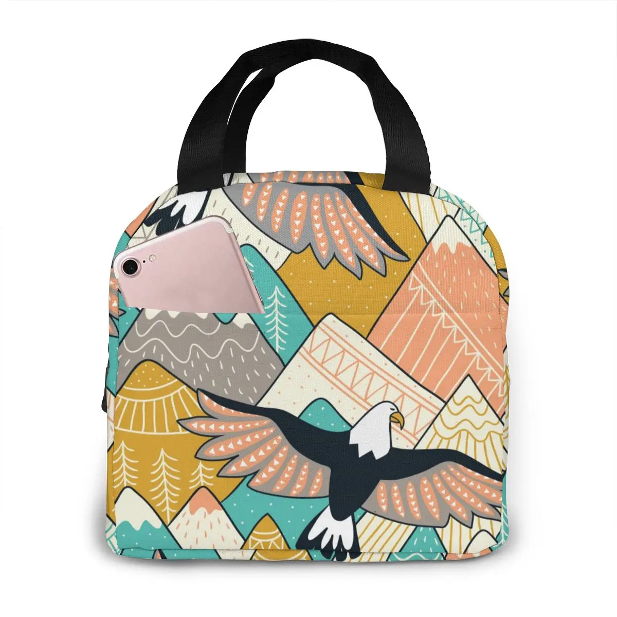 

Ethnic Mountains And Eagles Cooler Bag Portable Zipper Thermal Lunch Bag Convenient Lunch Box Tote Food Bag