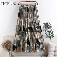 tigena vintage long pleated skirt women 2021 summer holiday beautiful colorful print chiffon high waist maxi skirt female
