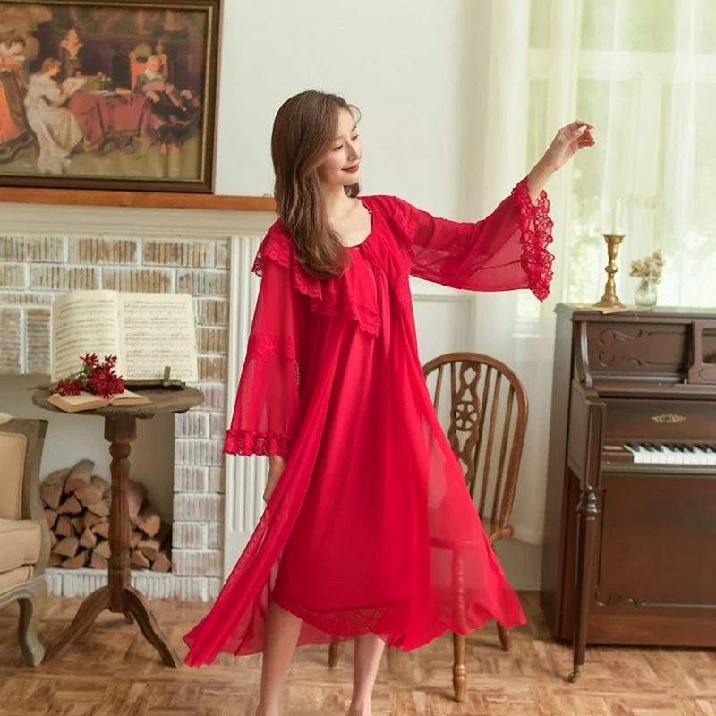 

Sexy 2 Pieces Sleep Set Modal Classic Women Long Robe Sets Princess Solid Lace Nighty Autumn Spring Comfortable Sleepwear