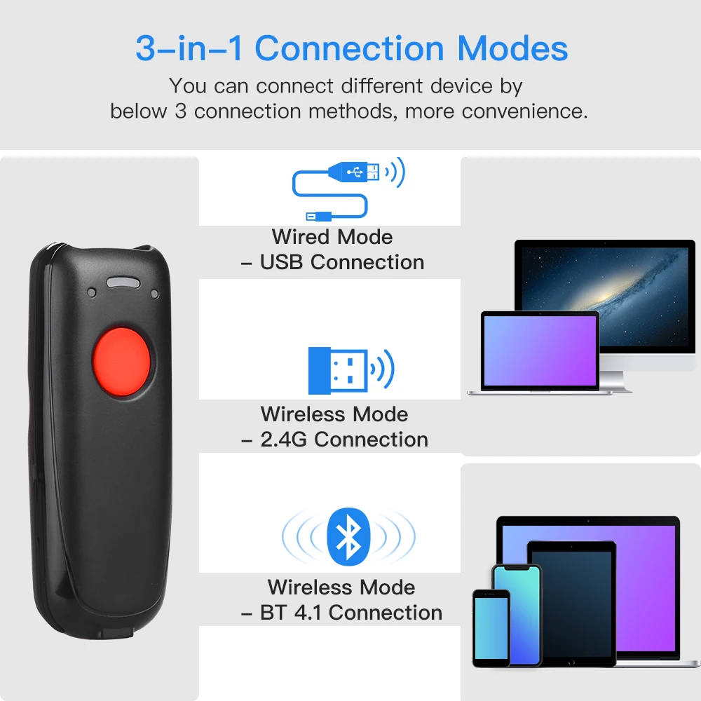 Eyoyo EY 004A Портативный мини проводной и 2 4 г Беспроводной Bluetooth сканер штрих кода 3 в 1