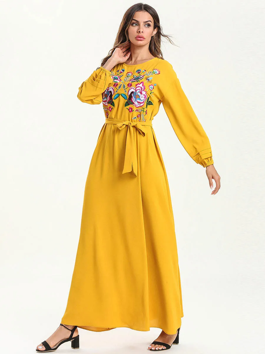 Мусульманское модное однотонное вышитое осеннее платье с длинными рукавами Caftan