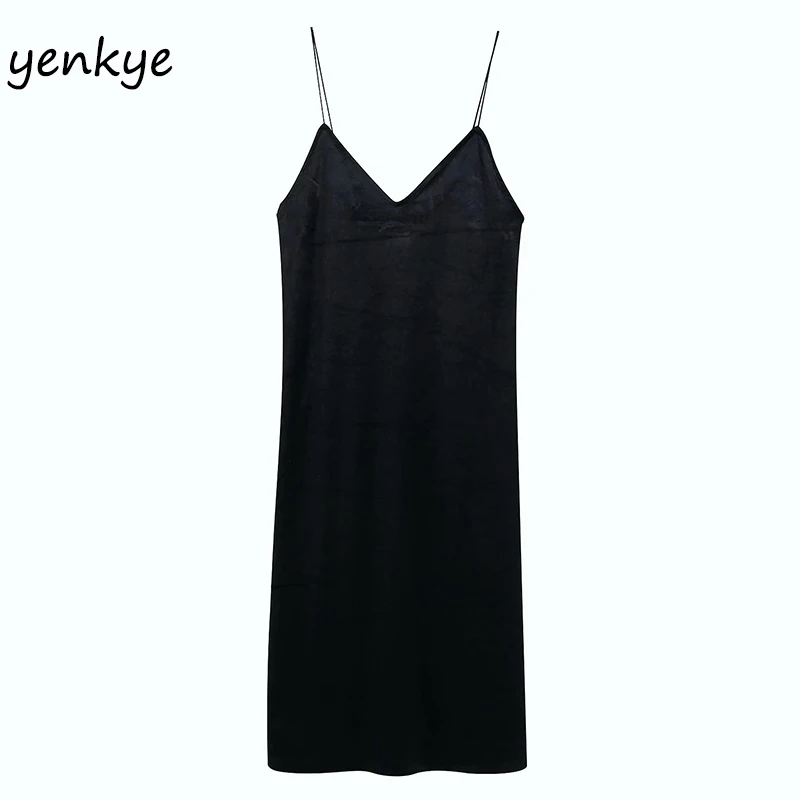 Модное женское винтажное черное бархатное платье на бретельках сексуальное миди
