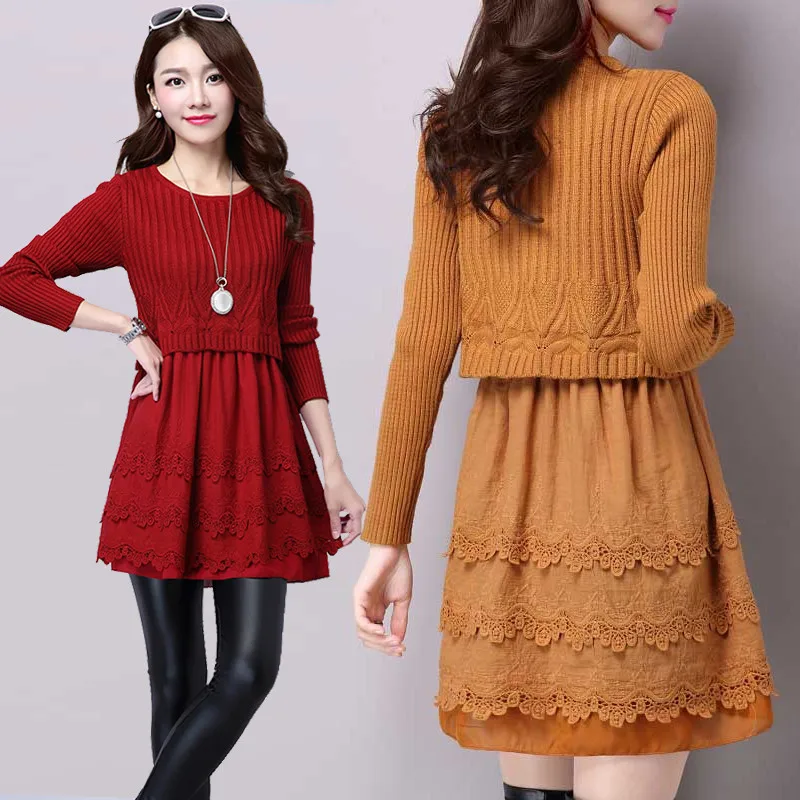 Осенне-зимнее Новое Женское платье-свитер из двух частей Модный пуловер с
