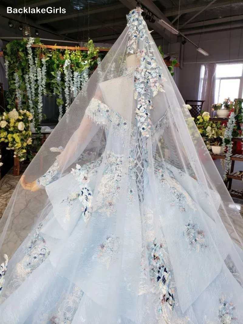 Элегантное свадебное платье с аппликацией цветы Иллюзия Высокая шея Тюль