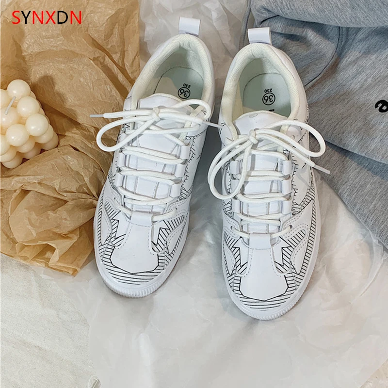 

HQFZO Casual Flat Women Mixed Colors Vulcanized shoes Lace Up Pu Leather Round Toe Women Spring Summer Platform Sneakers New