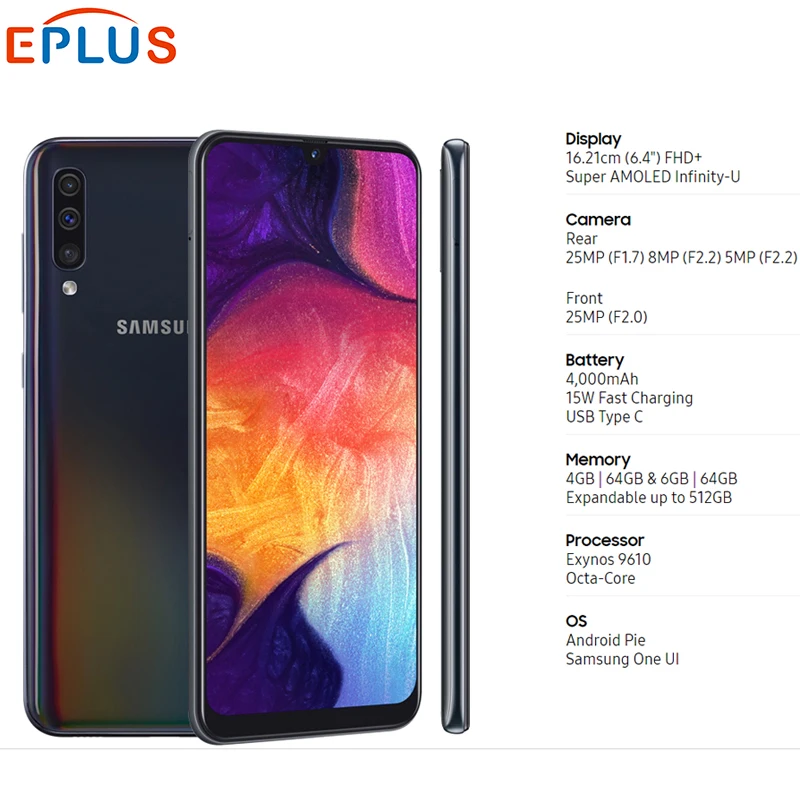 Глобальный мобильный телефон samsung Galaxy A50 6 ГБ 128 ГБ A505GN-DS 6," Exynos 9610 Восьмиядерный Android 9,0 с двумя sim-картами