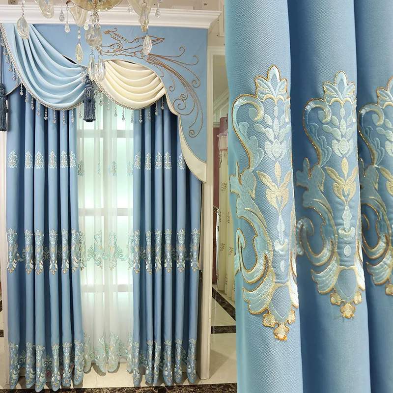

Custom European Curtains for Living Room Bedroom Chenille Shielding Embroidered Curtains High Shading (70%-90%) Tulle Blue