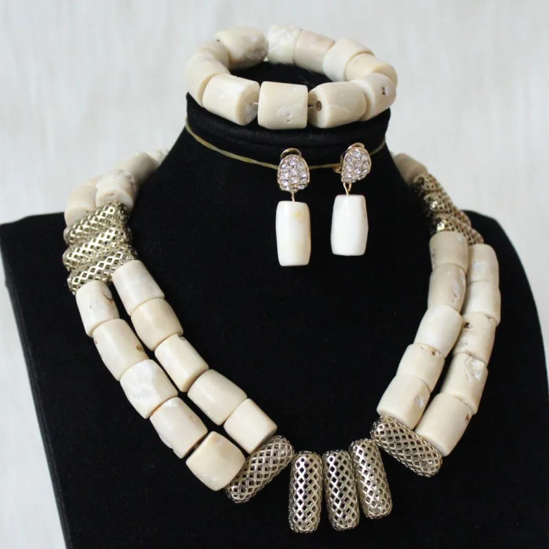 Dudo White Nature White Coral Silver Divider African Jewelry Set Bridal 2 Layers Necklace Set For Nigerian Birde 2020 Fashion