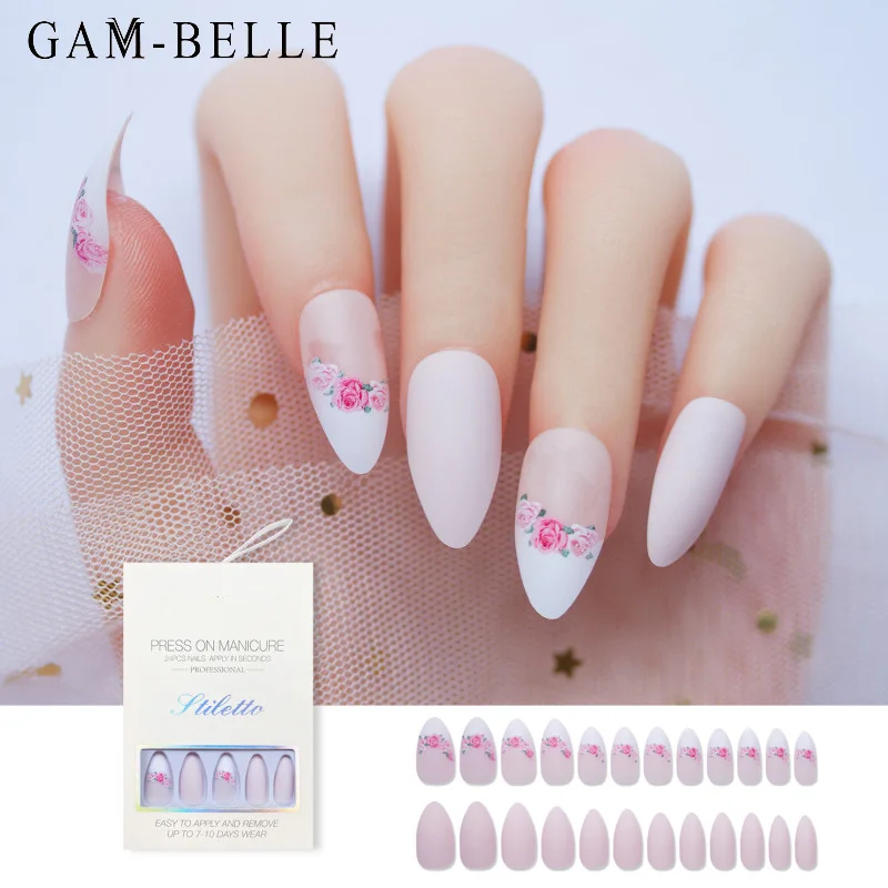 

GAM-BELLE, розовые розы, цветочный узор, искусственные ногти, полное покрытие, искусственные ногти, длинные миндалевидные, съемный пресс для украшения ногтей