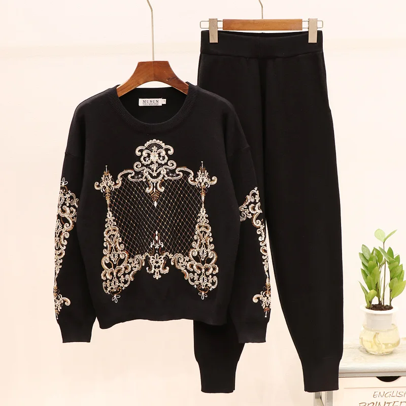 Спортивный костюм женский комплект с блестками вышивка длинный рукав вязаный