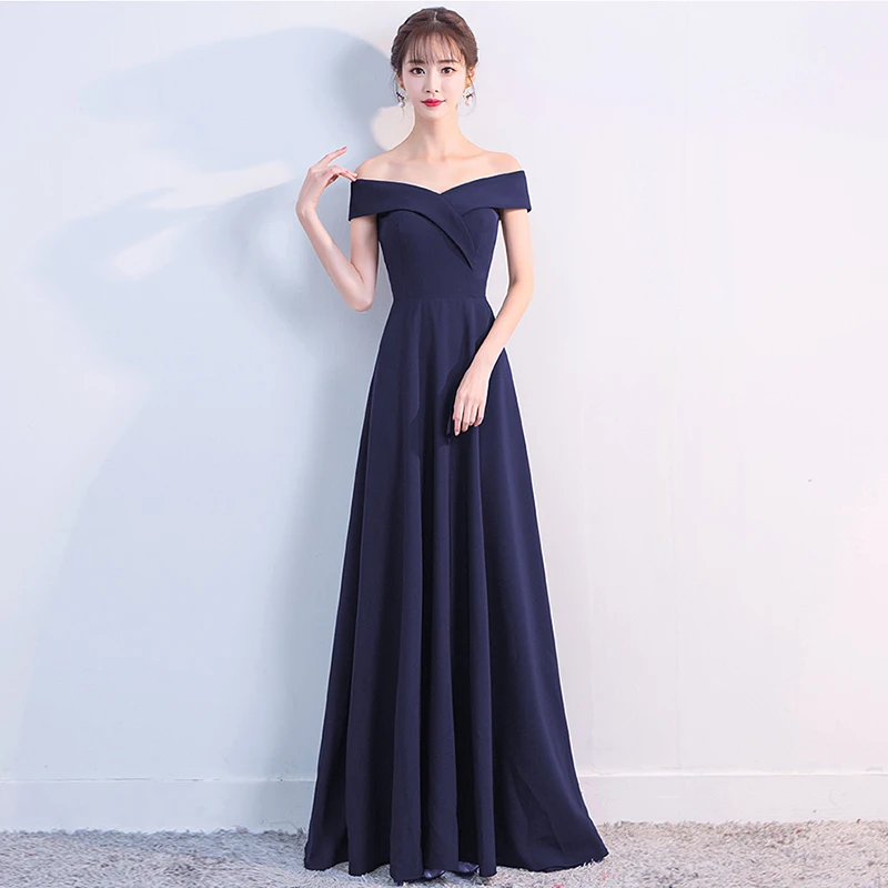 

Robe De Soiree 2020 элегантное простое вечернее платье трапециевидной формы с открытыми плечами длинное темно-синее торжественное платье для сваде...